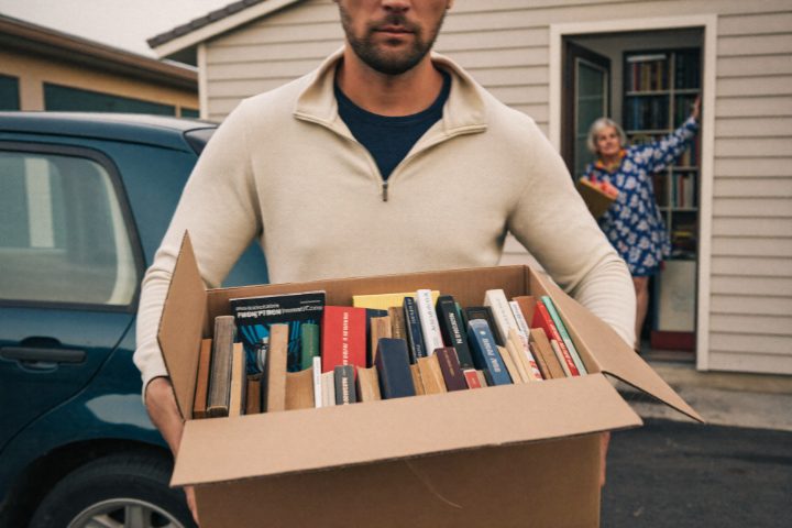 A man carrying a cardboard box of second-hand books down a driveway to his car, while the householder clearing her shelves stands in the doorway.