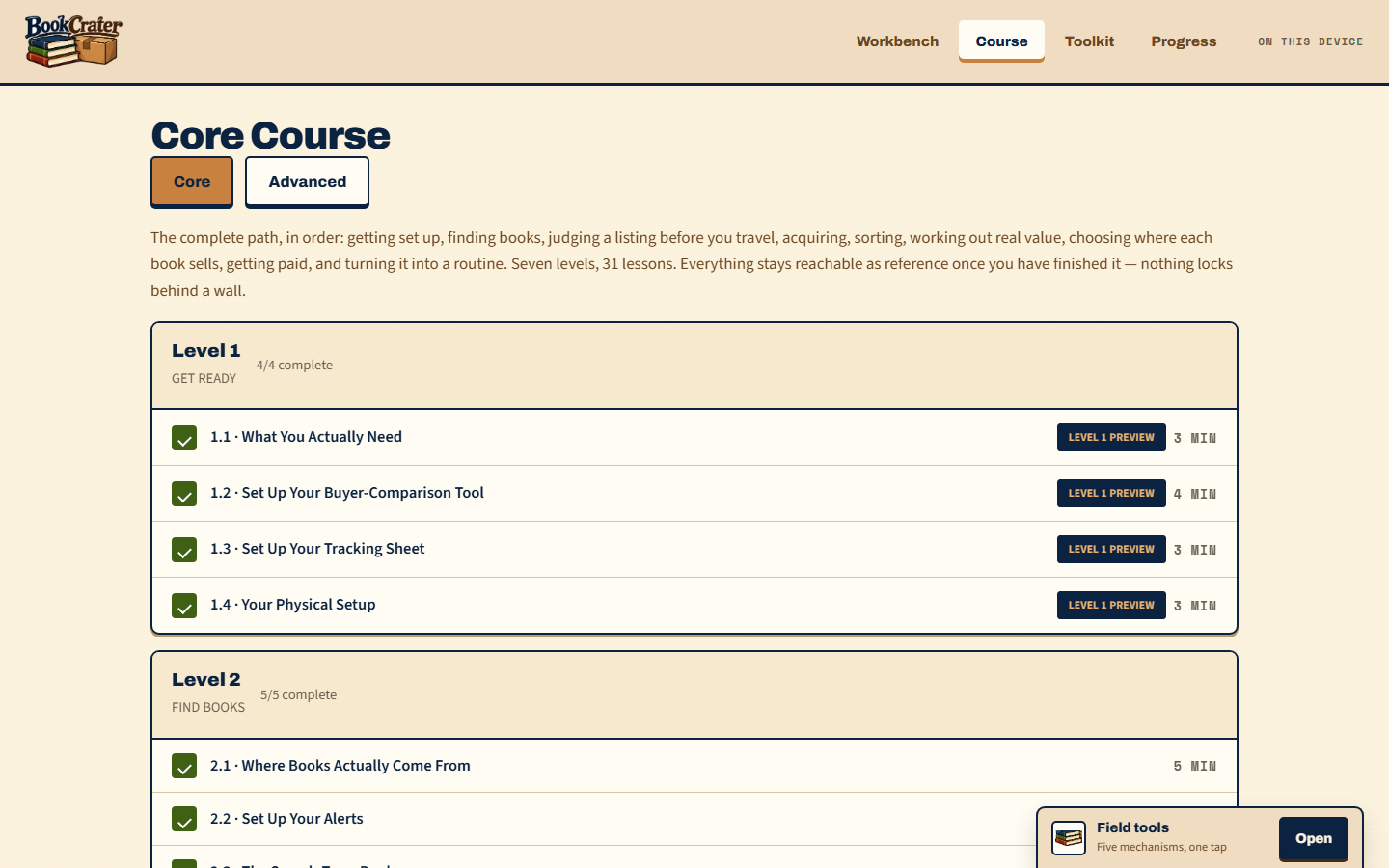 The Core course view, showing all seven levels and lesson-completion progress.