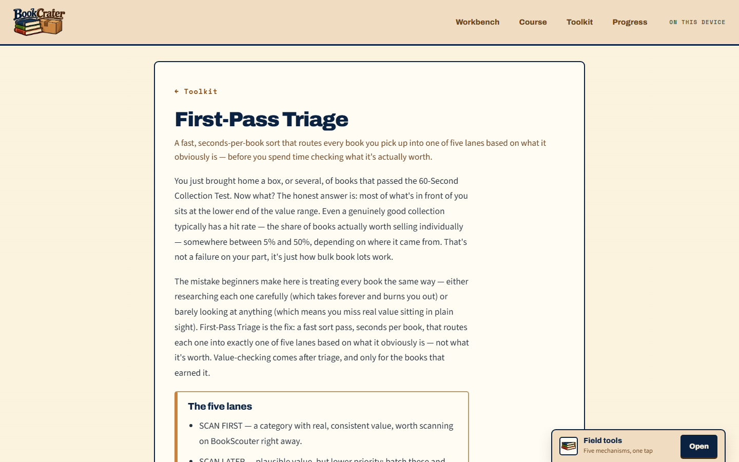 A First-Pass Triage lesson screen showing the five sorting lanes and step-by-step guidance.
