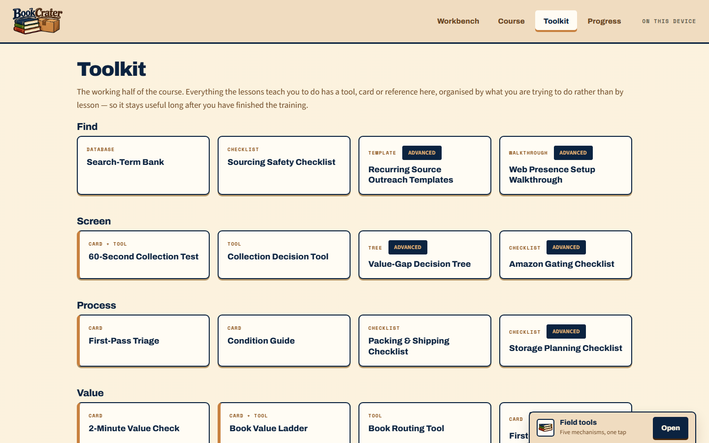 The Toolkit index, organized by task: Find, Screen, Process, Value, Sell, Track, Grow.